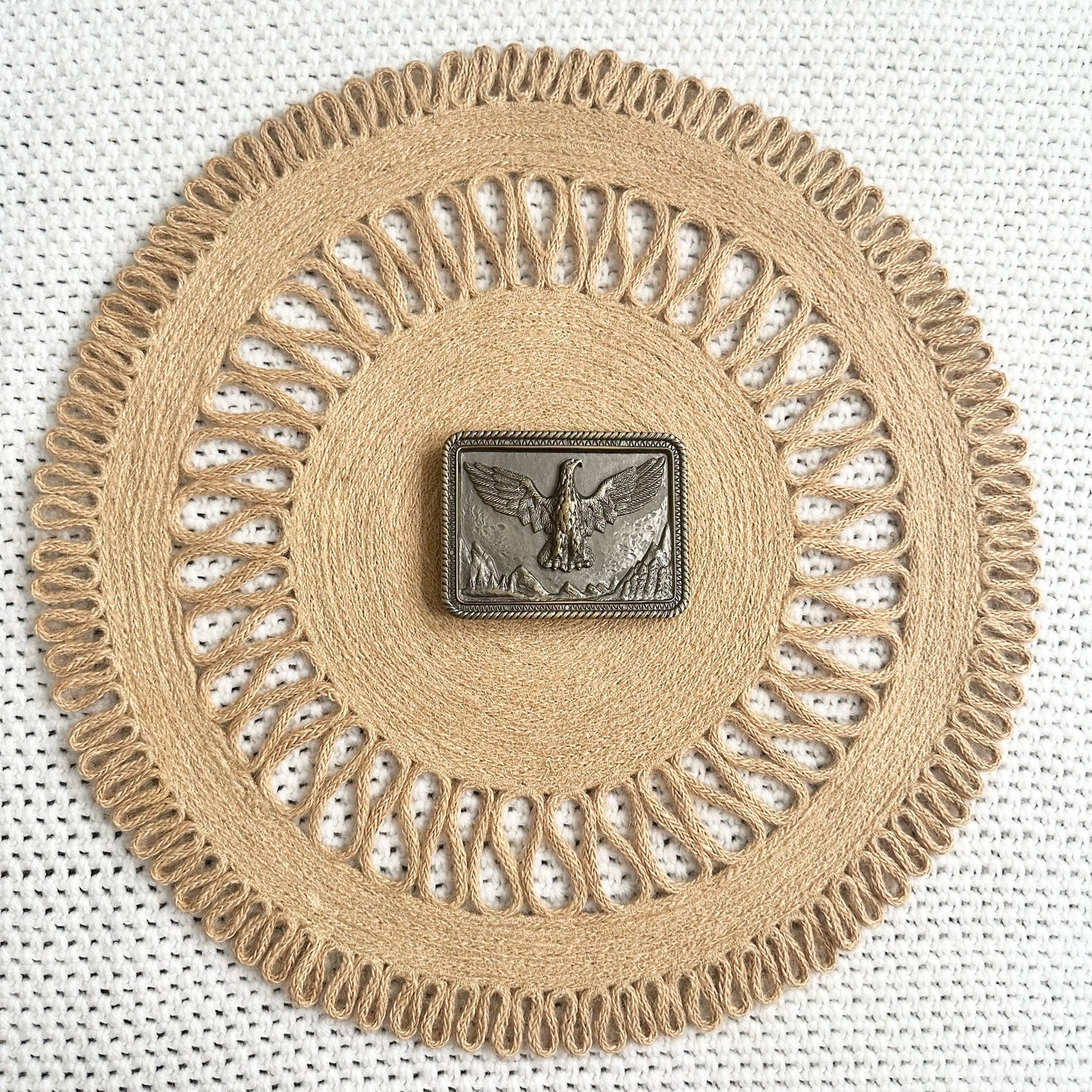 Brass Metal NOS Bald Eagle Spread Wings Soaring Mountains Trees Belt Buckle