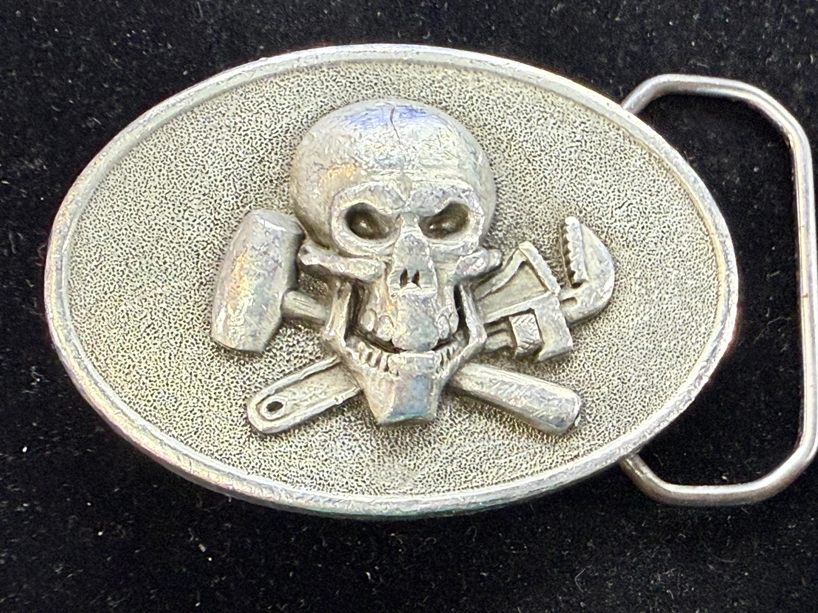 Mechanic Skull Crossed Wrench Hammer Tool Solid Fine Pewter Belt Buckle