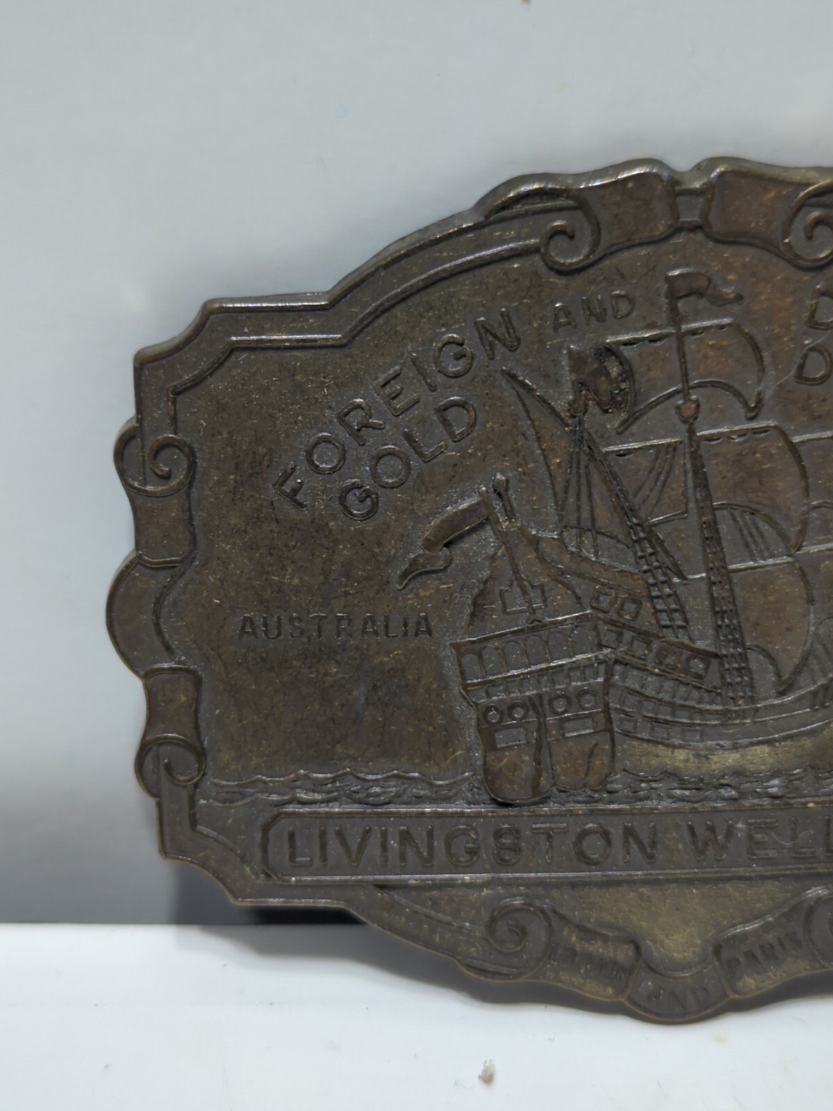 ✨VINTAGE✨Livingston Wells & Co. Foreign & Domestic Gold Dealers BELT BUCKLE Ship