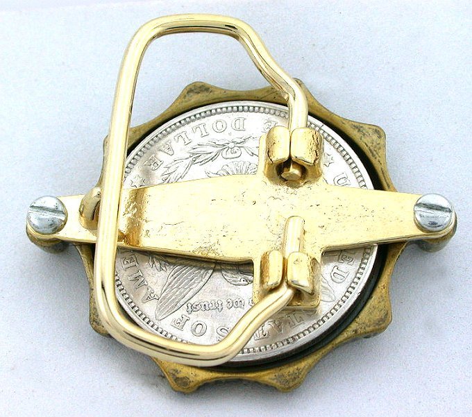 Antique Gold Color REAL 1921 Morgan Silver Dollar Belt Buckle pbb50