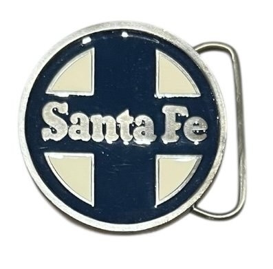 Santa Fe Railway Belt Buckle 2.5&Prime; Round Silver Navy Cream Enamel Train Logo