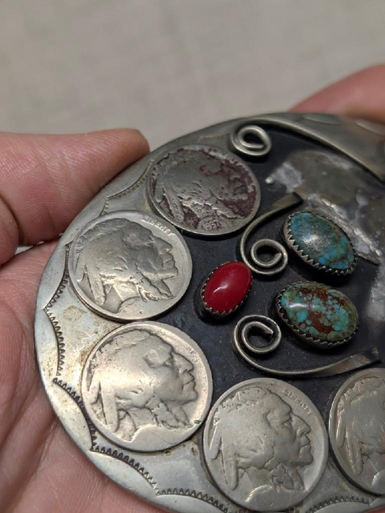 vintage HANDCRAFTED belt buckle INDIAN HEAD native american TURQUOISE nickel