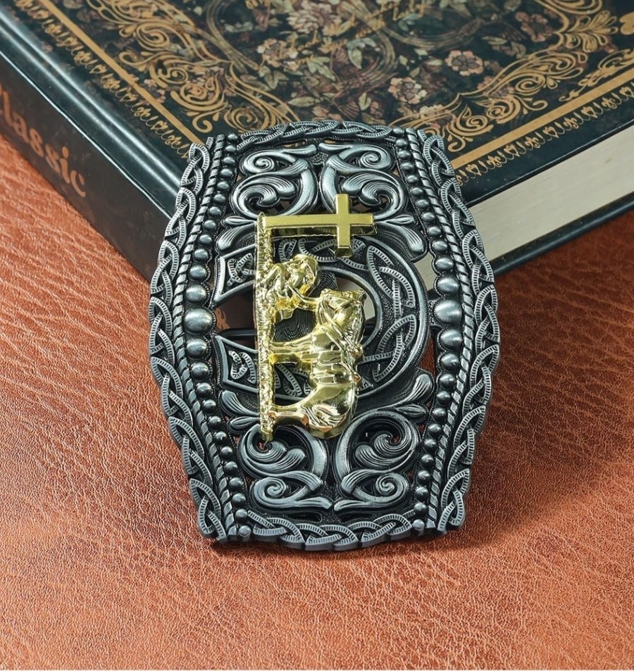 Western Cowboy Belt Buckle for Men Praying Cowboy Cross Religious Faith