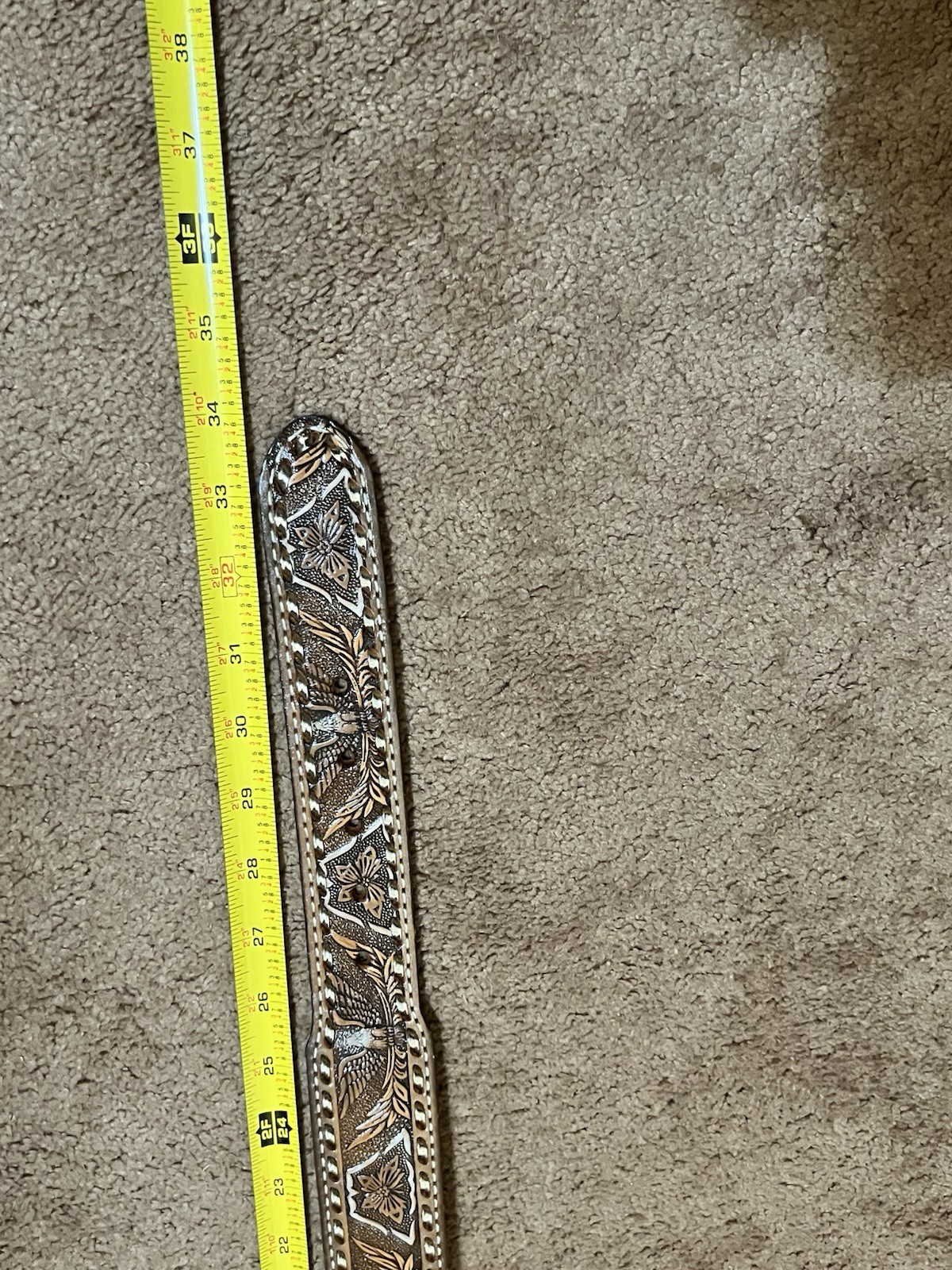 Handmade Patriotic Western Belt 30-Eagles-Brn/White-Lace-Stitches-Buckle-Leather