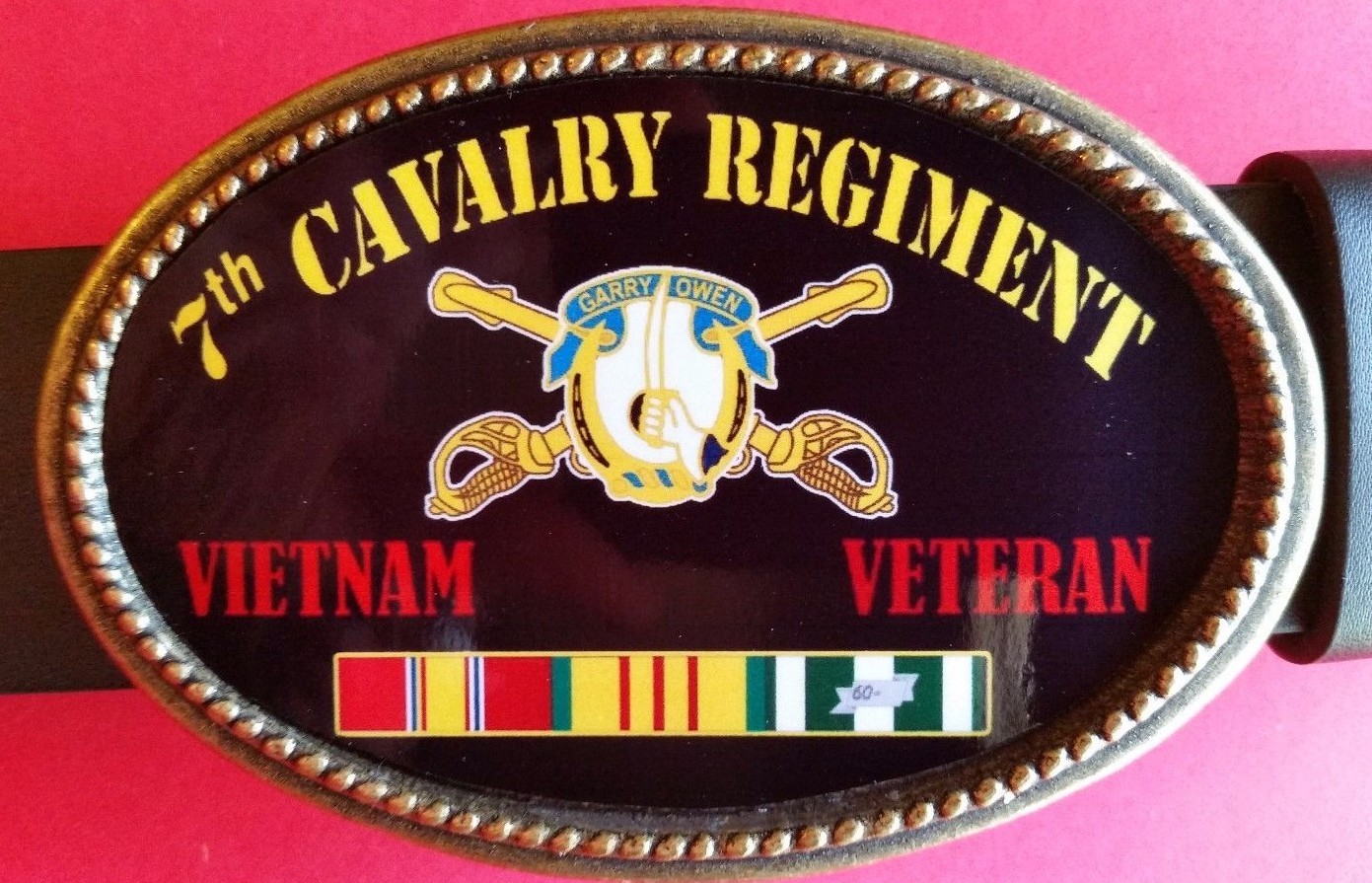 Vietnam Veteran 7th CAVALRY REGIMENT Epoxy Belt Buckle &Blk bonded Leather belt