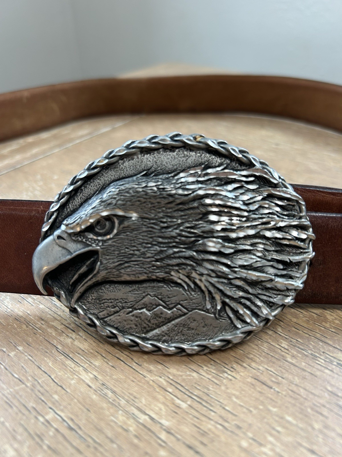Nickel Screaming Eagle Belt Buckle w/Brown Leather Belt Size 36 Western Cowboy