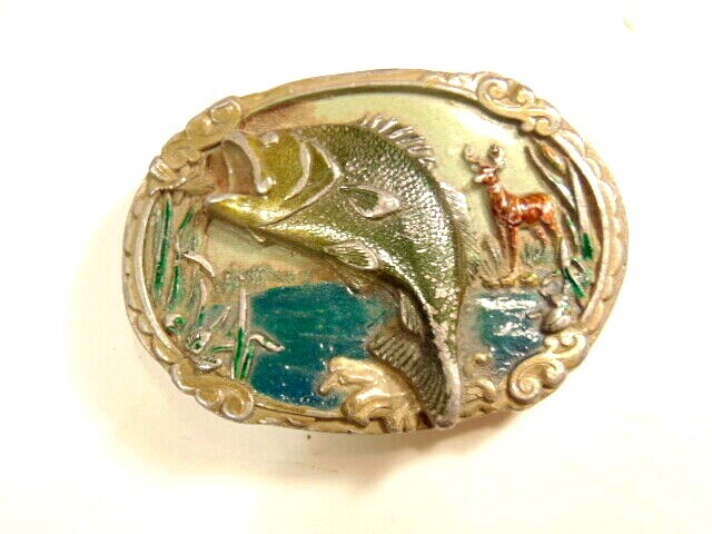 heavy older enameled buckle showing a leaping fish; CJ Inc., 1986, Made in USA