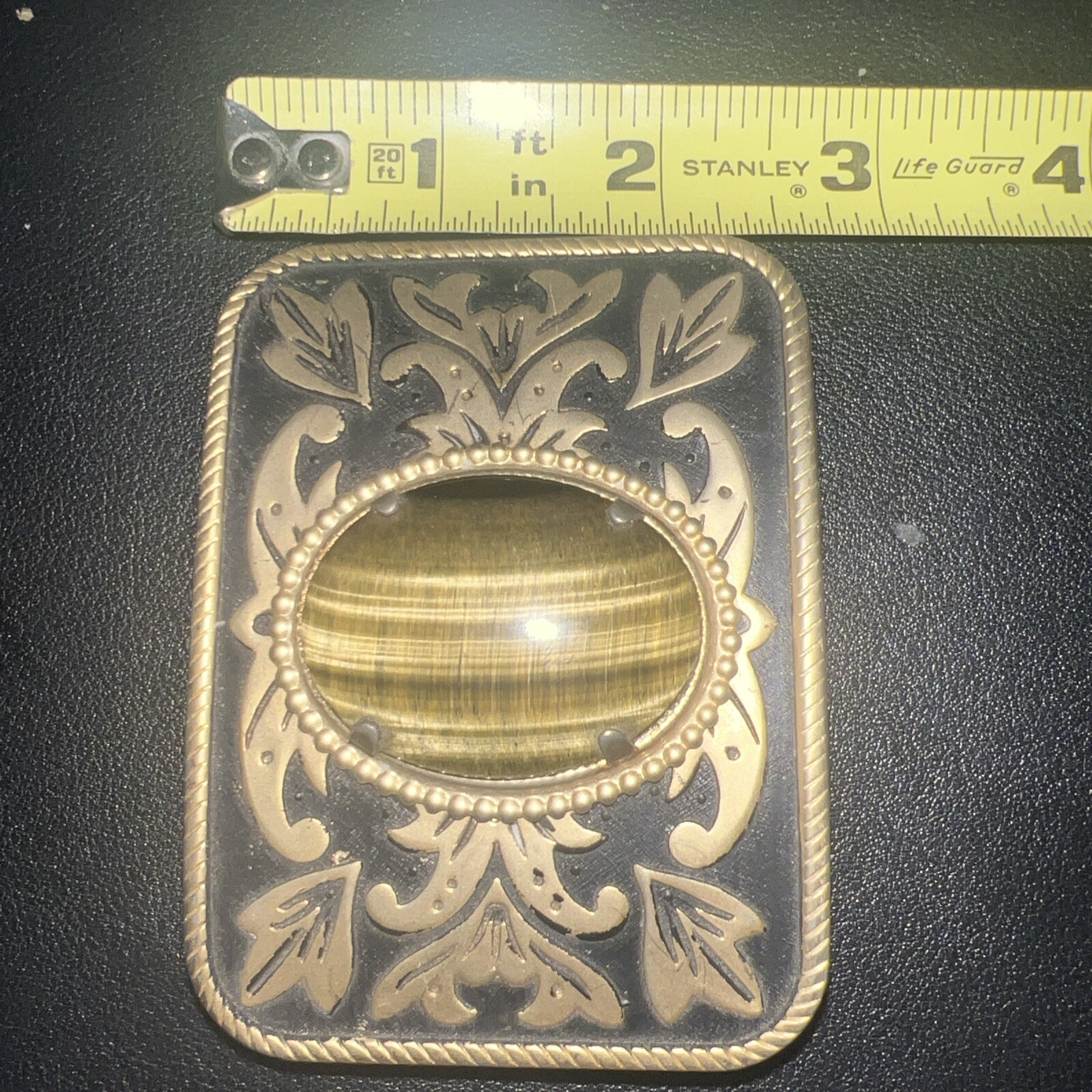 Vintage Belt Buckle Western Style Gold Ornate with Large Brown Oval Stone