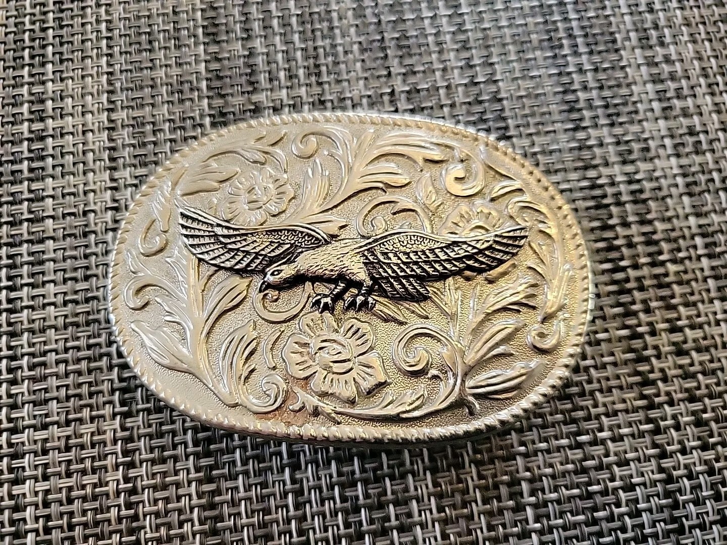 Oval Eagle Belt Buckle Floral Western Cowboy Style 3D Silver Tone Vintage