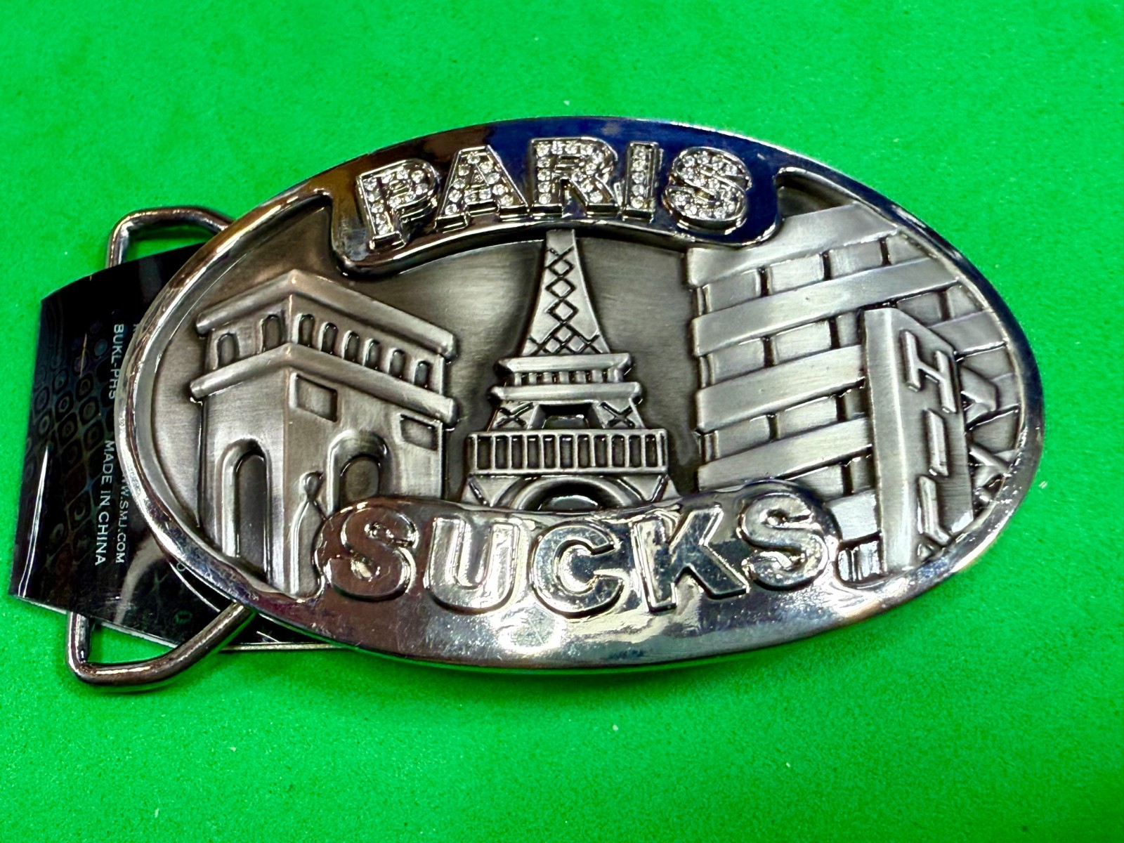 Paris Sucks! Blue Moon Creations Silver Tone Funny Tourist Gift Belt Buckle