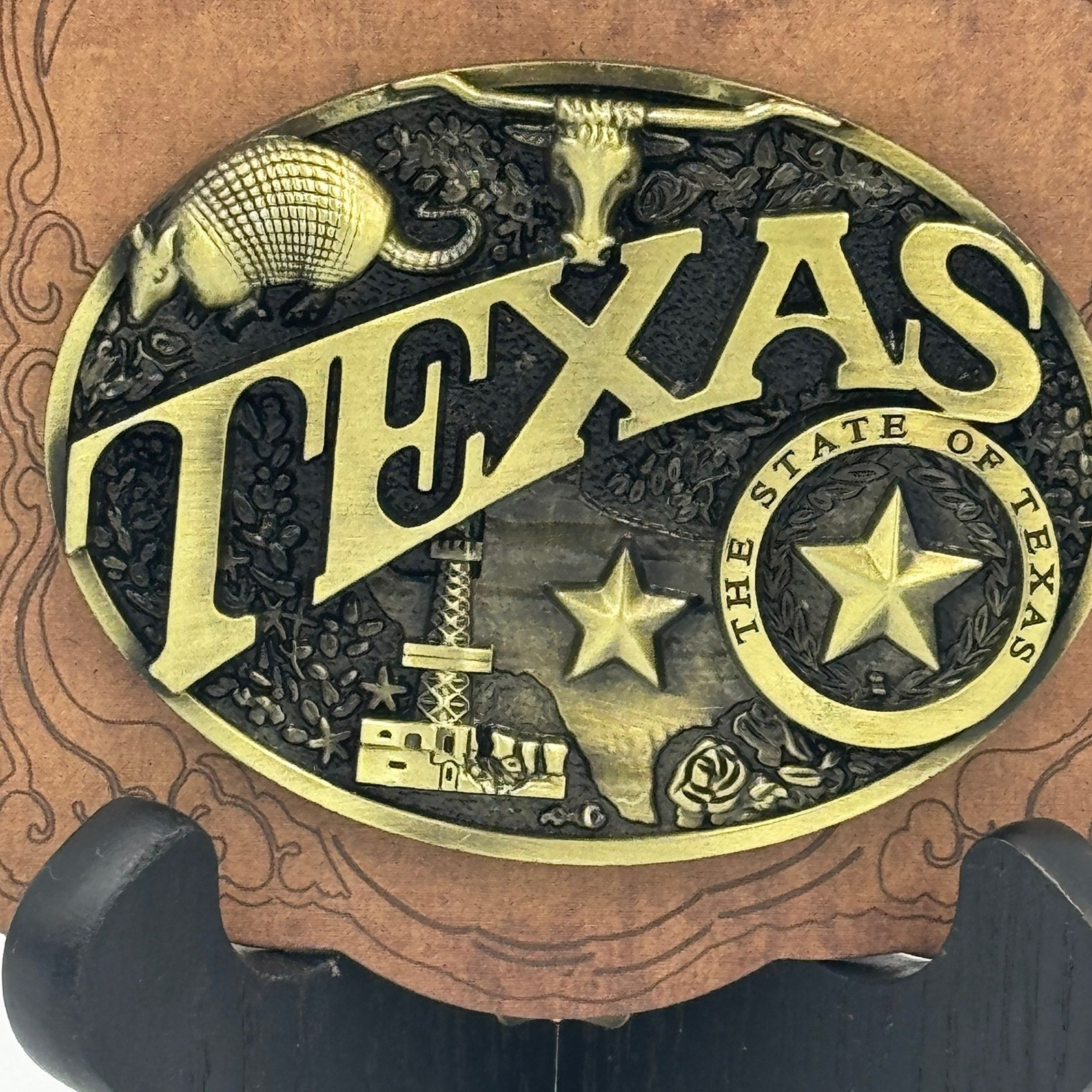 Texas Belt Buckle Antique Brass Style Longhorn Armadillo Western SKU 15012