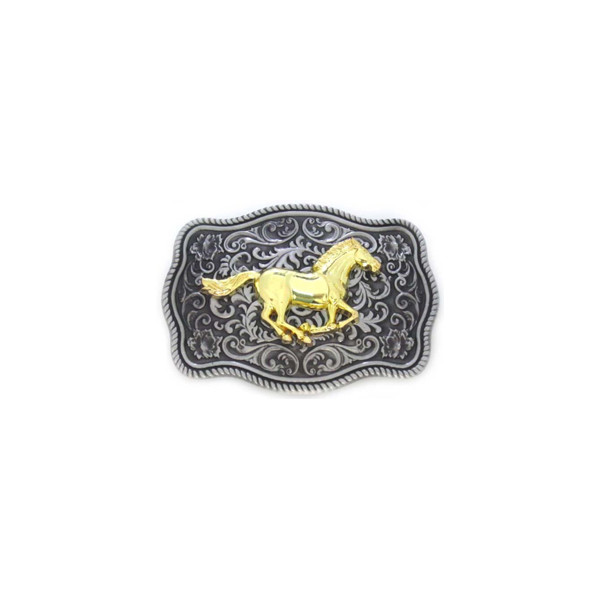 1 1/2&Prime; Vintage Silver Western Buckle w/Gold Horse and Floral Background. 3 3/8&Prime;