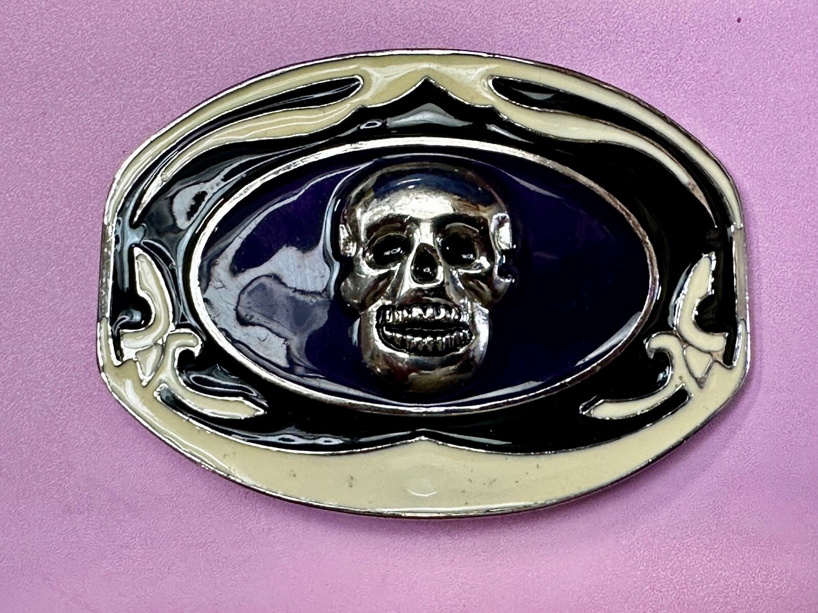 Cream & Purple Colors Skull Motorcycle Biker Large Oversized Belt Buckle