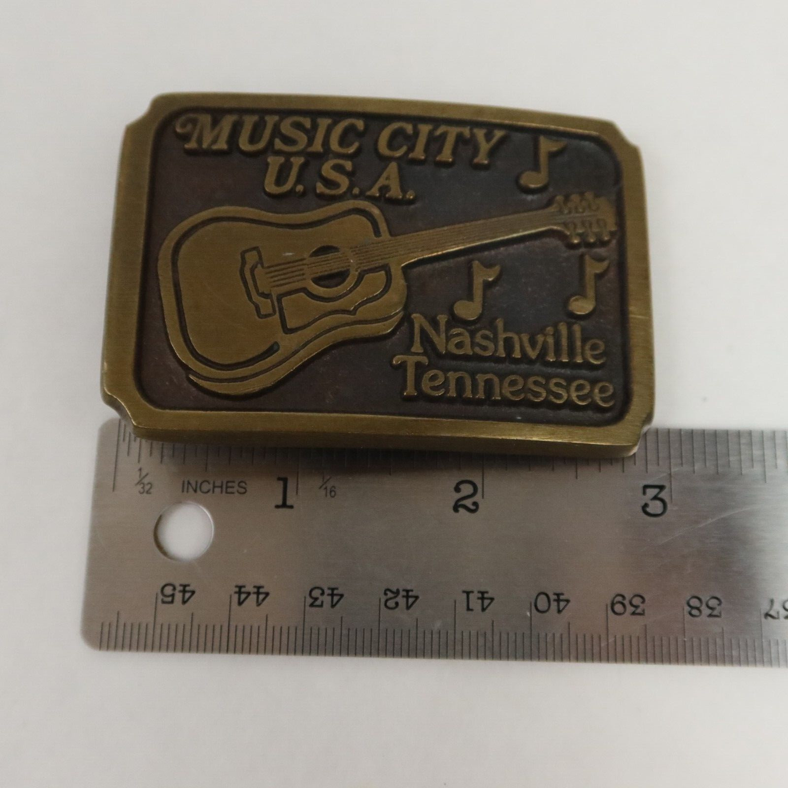 Vintage Nashville Tennessee Music City USA Belt Buckle Guitar Music Notes Brass