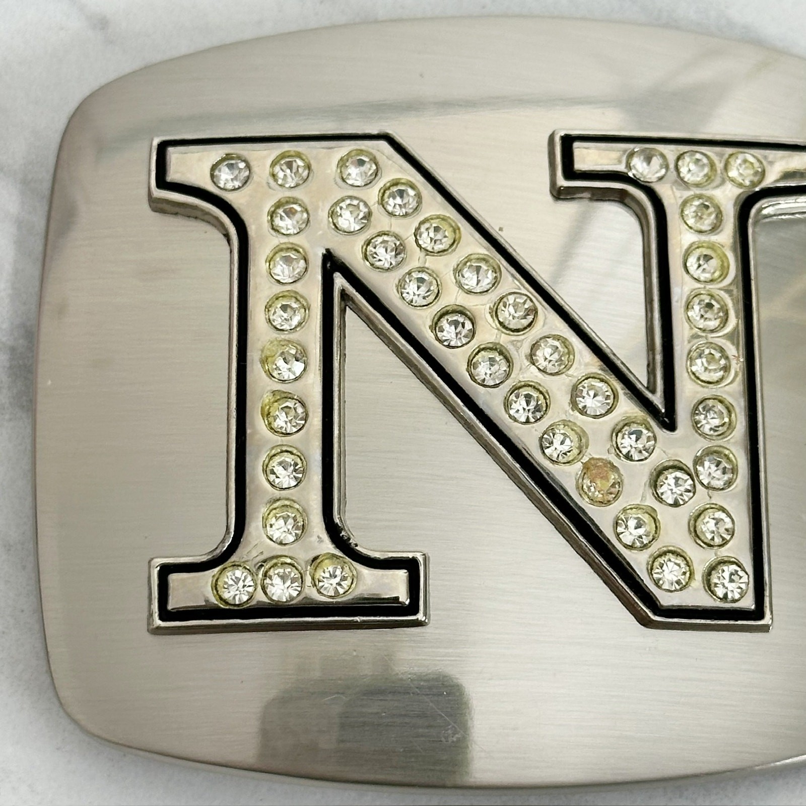 Rhinestone Studded N Letter Initial Monogram Silver Tone Belt Buckle