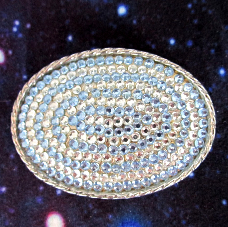 Vintage Belt Buckle Blue & White Rhinestone Crystal Western 80s Cowgirl Oval
