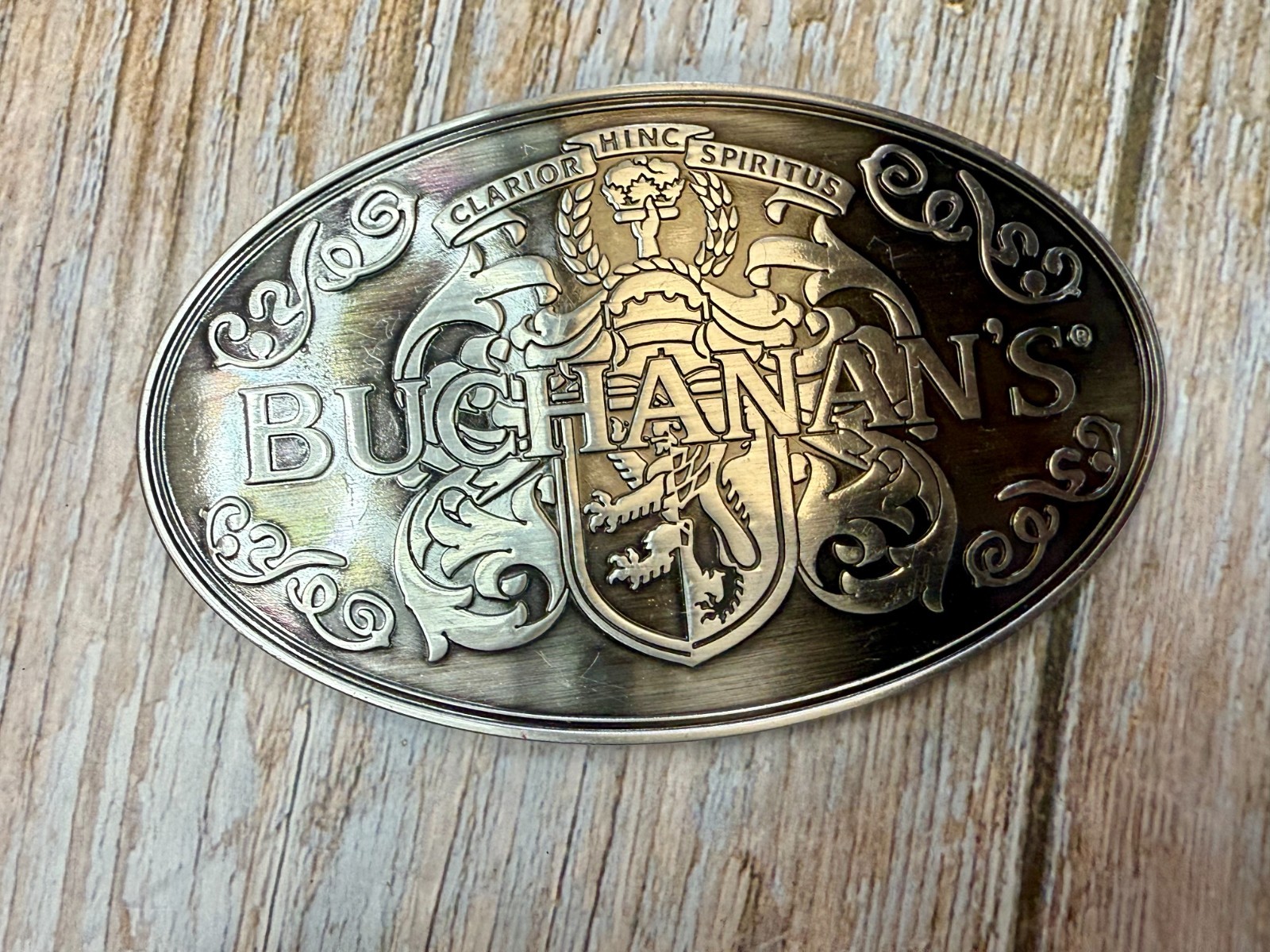 Buchanan&rsquo;s ScottishTop Shelf Whiskey promo Clarior Hinc Spiritus Belt Buckle