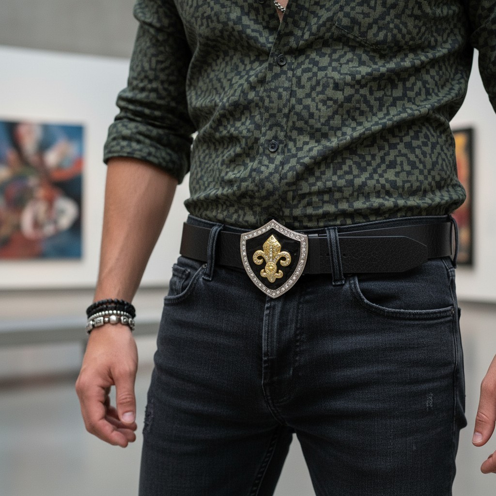 Men Belt Buckle Silver Metal Western Gold Fleur De Lys Lily French Symbol Flower