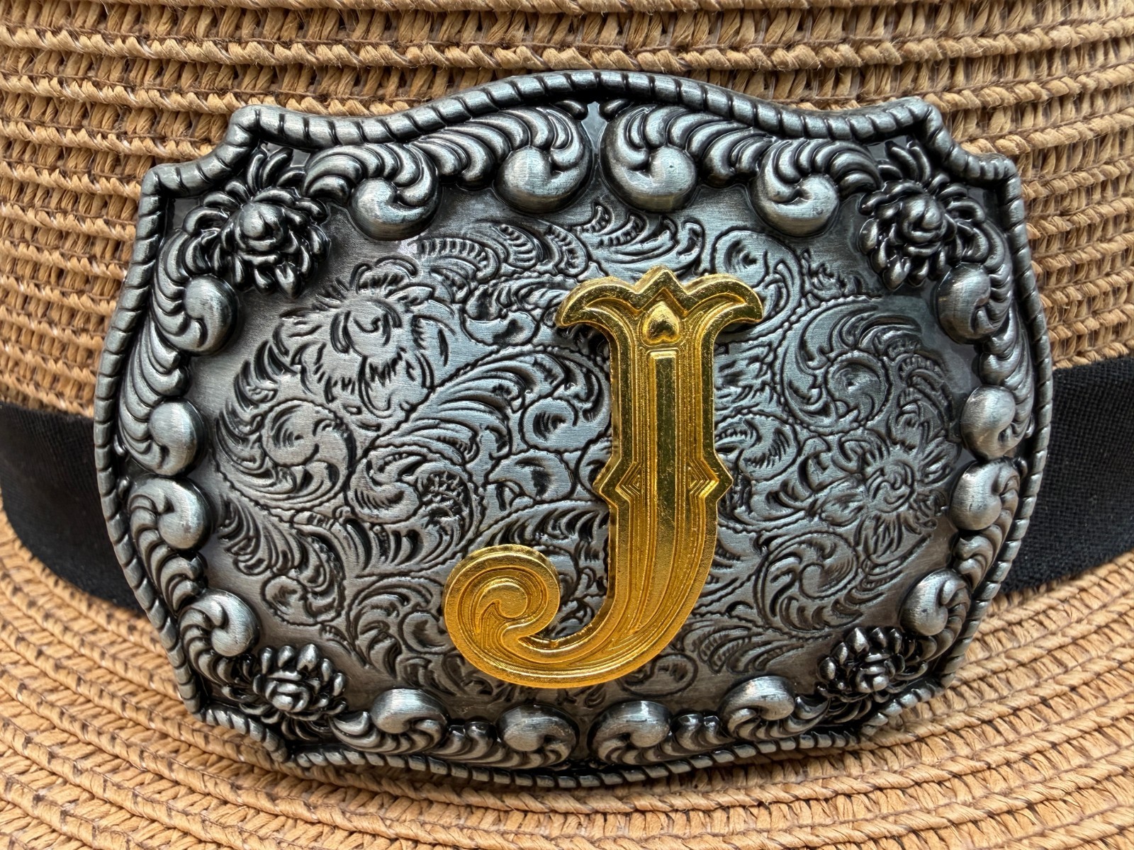 Antiqued Silver Gold Initial J Rectangle Western Cowboy Floral Vine Belt Buckle
