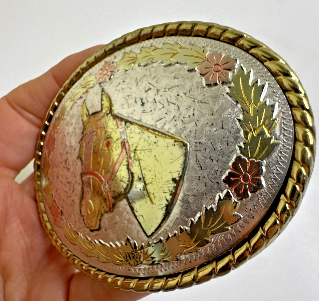 VINTAGE SILVER PLATED HORSE THEME BELT BUCKLE Western Tri Color ROSE AND YELLOW