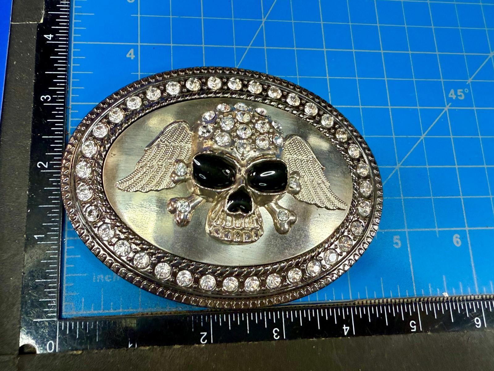Skull Wings Crossbones with Clear Rhinestone Halloween Gothic LARGE Belt Buckle