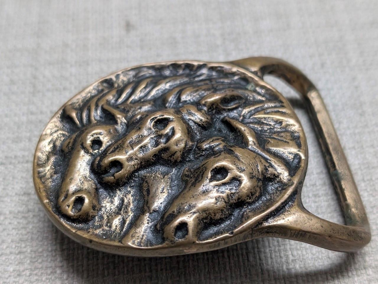 1970s vintage SOLID BRASS belt buckle PHAROHS HORSES western TECH ETHER GUILD