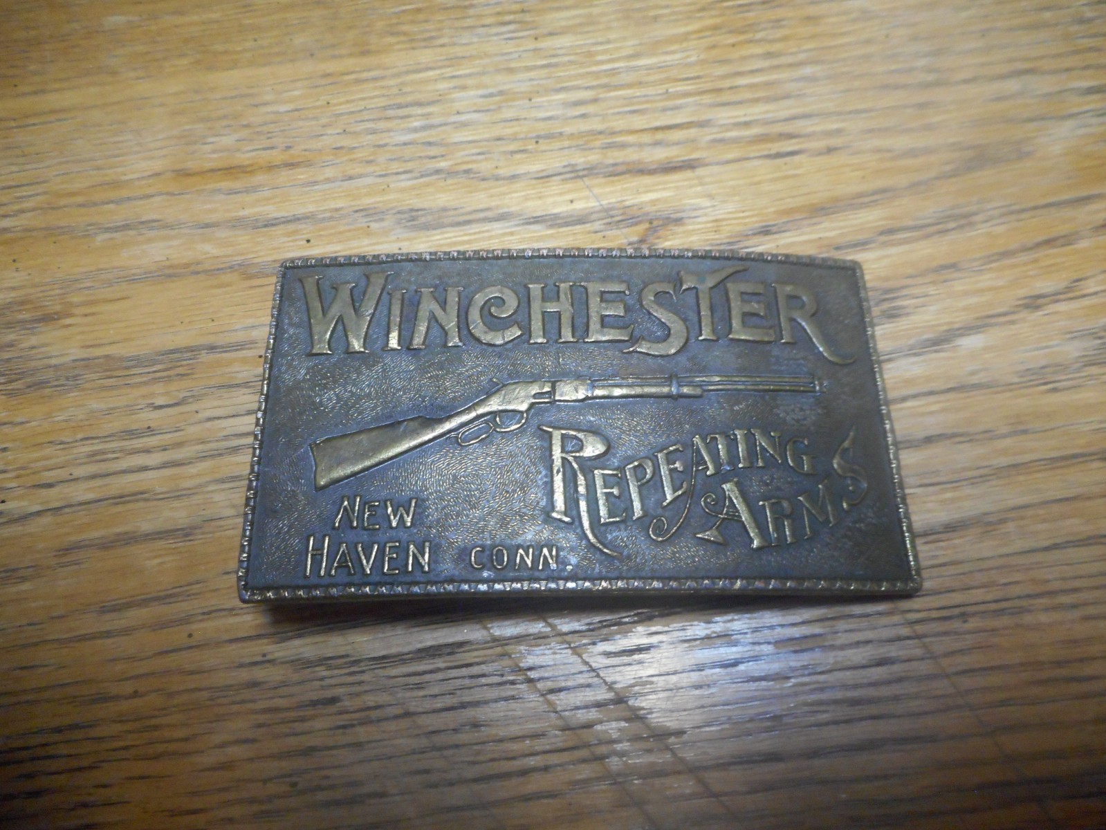 Vintage Brass Belt Buckle Winchester Repeating Arms Western New Haven Conn USA