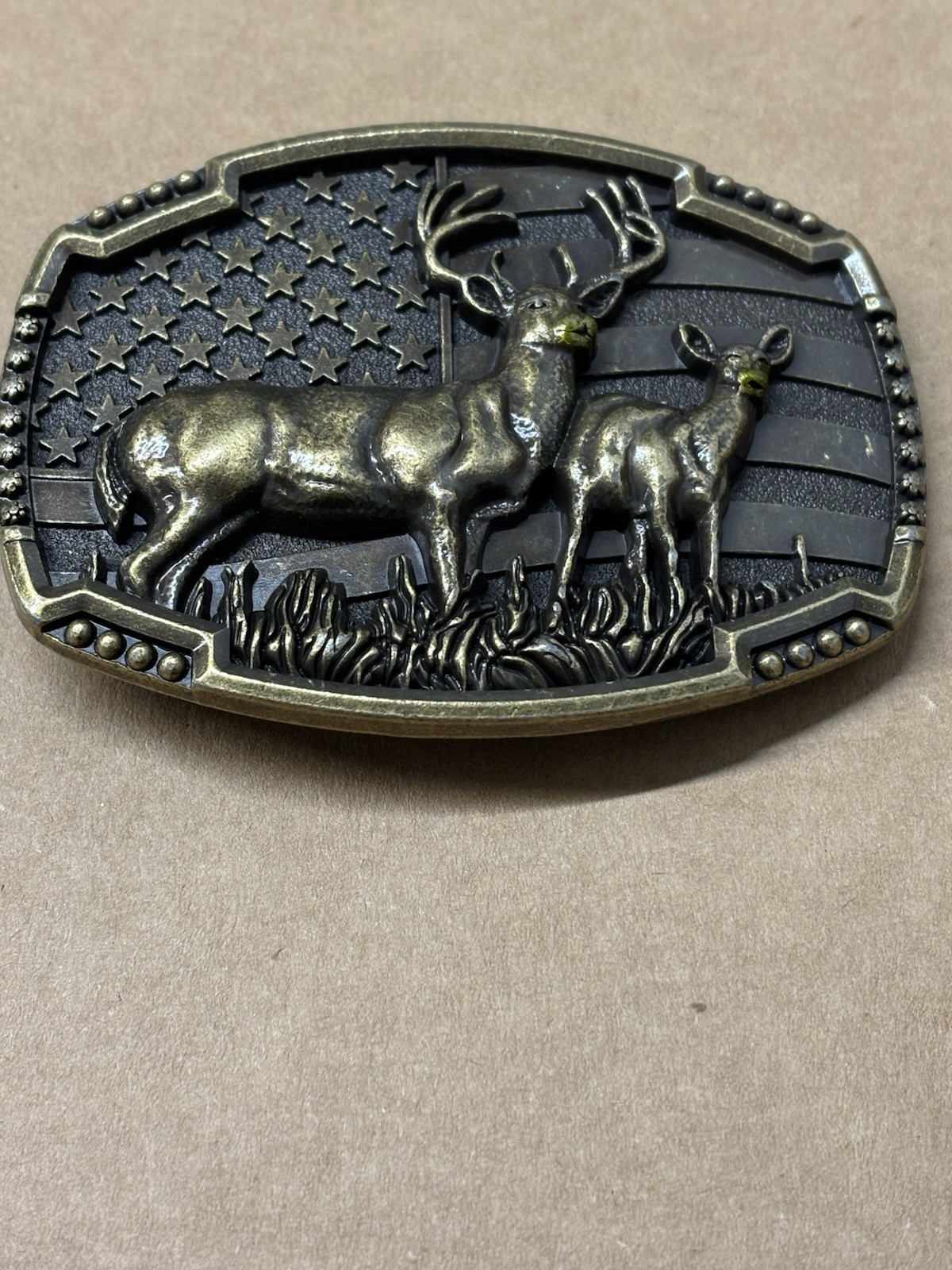 Belt Buckle Bronze Metal Deer Hunter Western USA Flag Background Patriotic