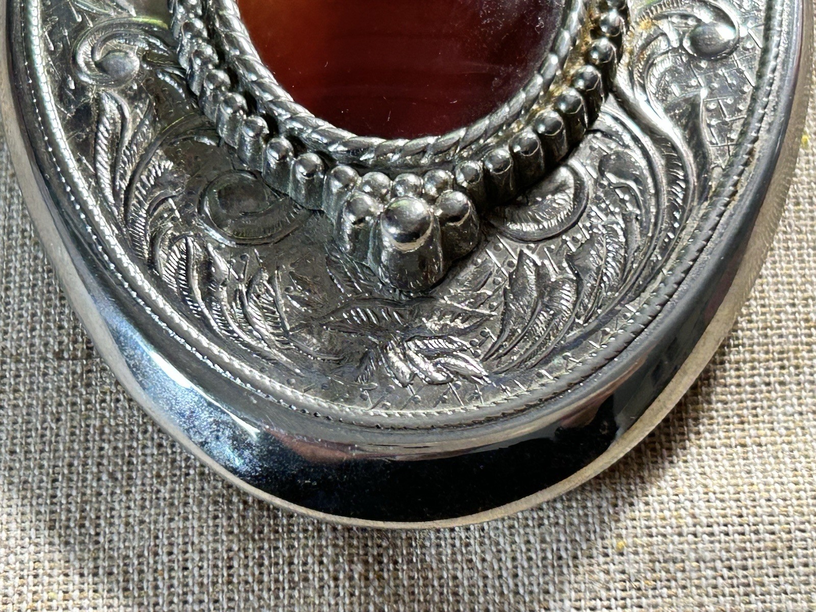 Vintage Style Western Silver Tone Belt Buckle Red Cabochon Stone Engraved Oval