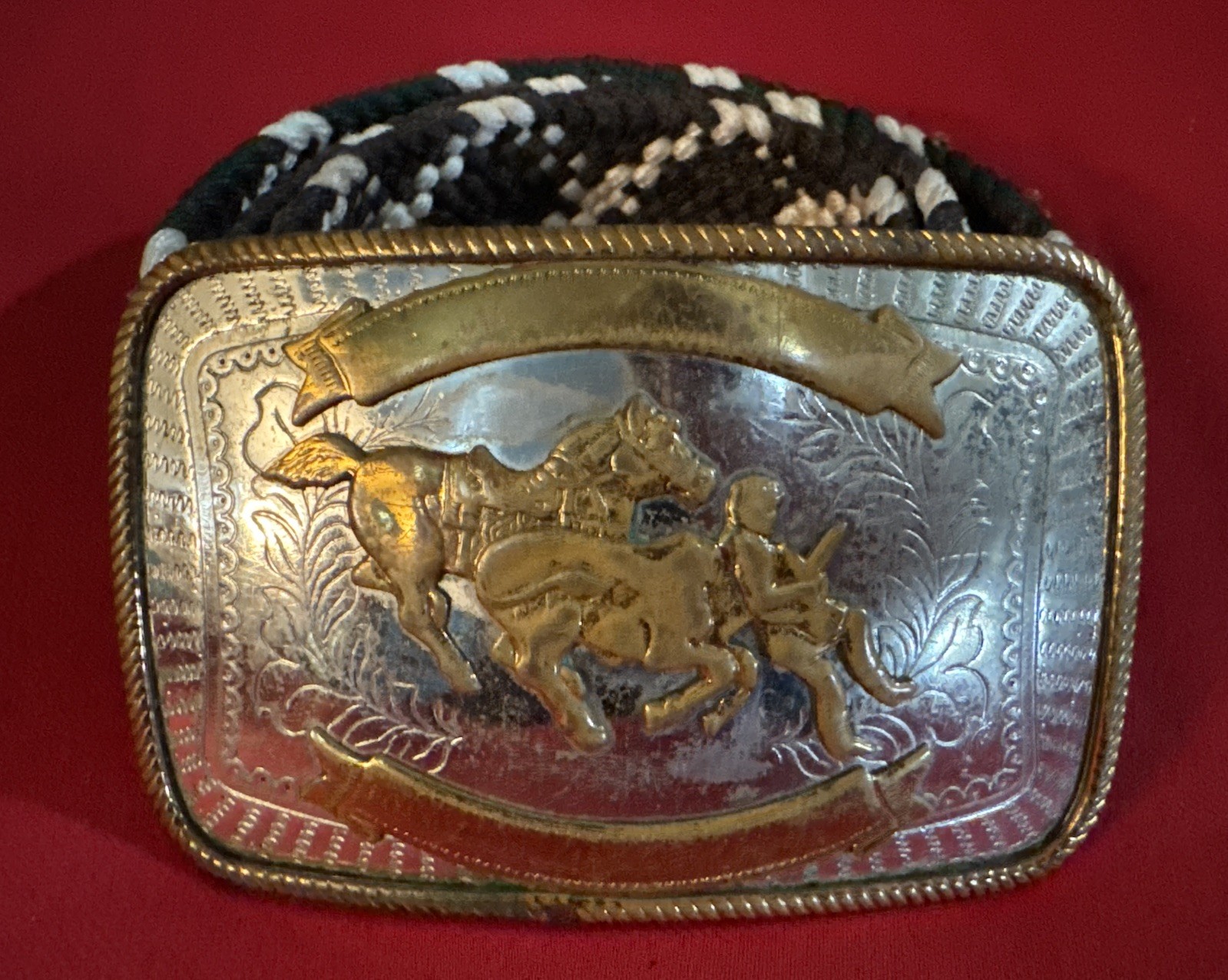 Vintage Nickel Silver Brass Rodeo Calf Roping Cowboy Western Trophy Belt Buckle