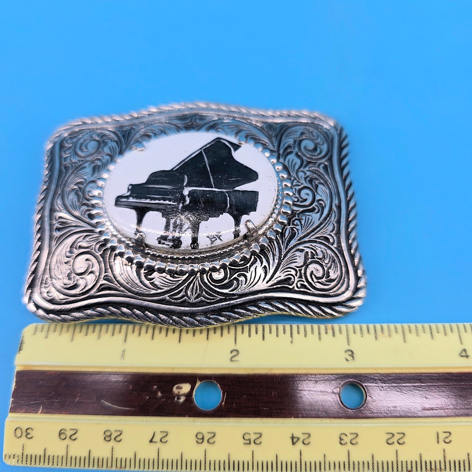 Vintage Western Belt Buckle Silver Tone Ornate Scroll Grand Piano