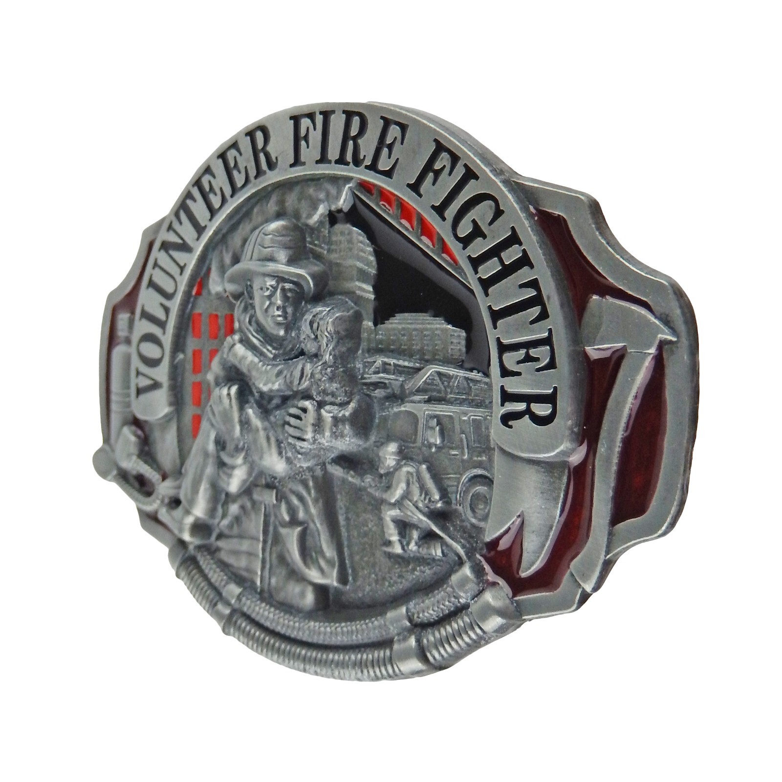 Volunteer Firefighter Men&rsquo;s Belt Buckle Silver Tone Fits 1.5&Prime; Belts Enamel