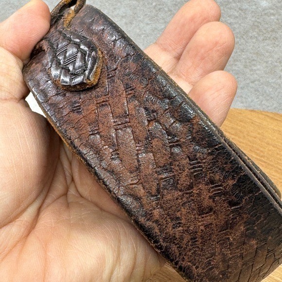 Distressed Leather Woven Embossed Belt Silver Buckle Brown Well Worn Size 50