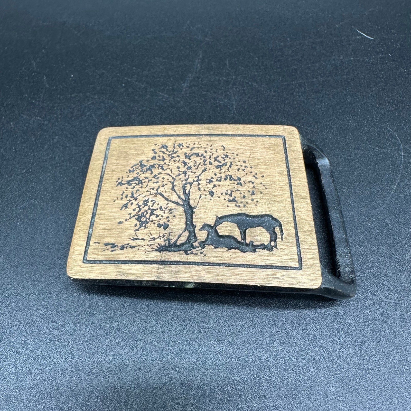 Vintage Teck-Ether Guild Brass Belt Buckle Two Horses Resting Tree Scene Cowboy