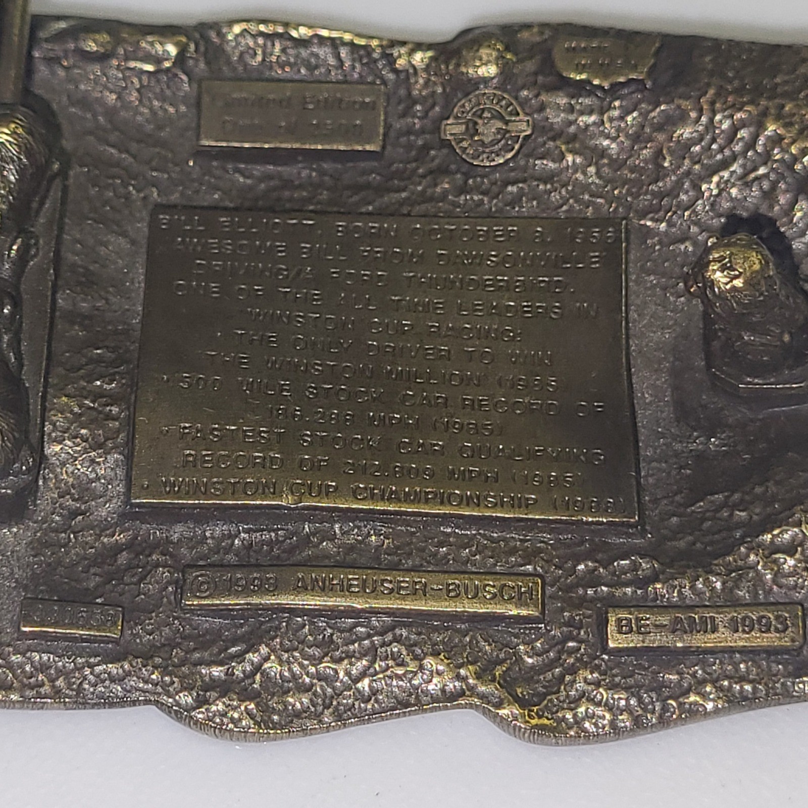 Anheuser-Busch Belt Buckle Mens Bronze Bill Elliott NASCAR Limited Ed Vintage