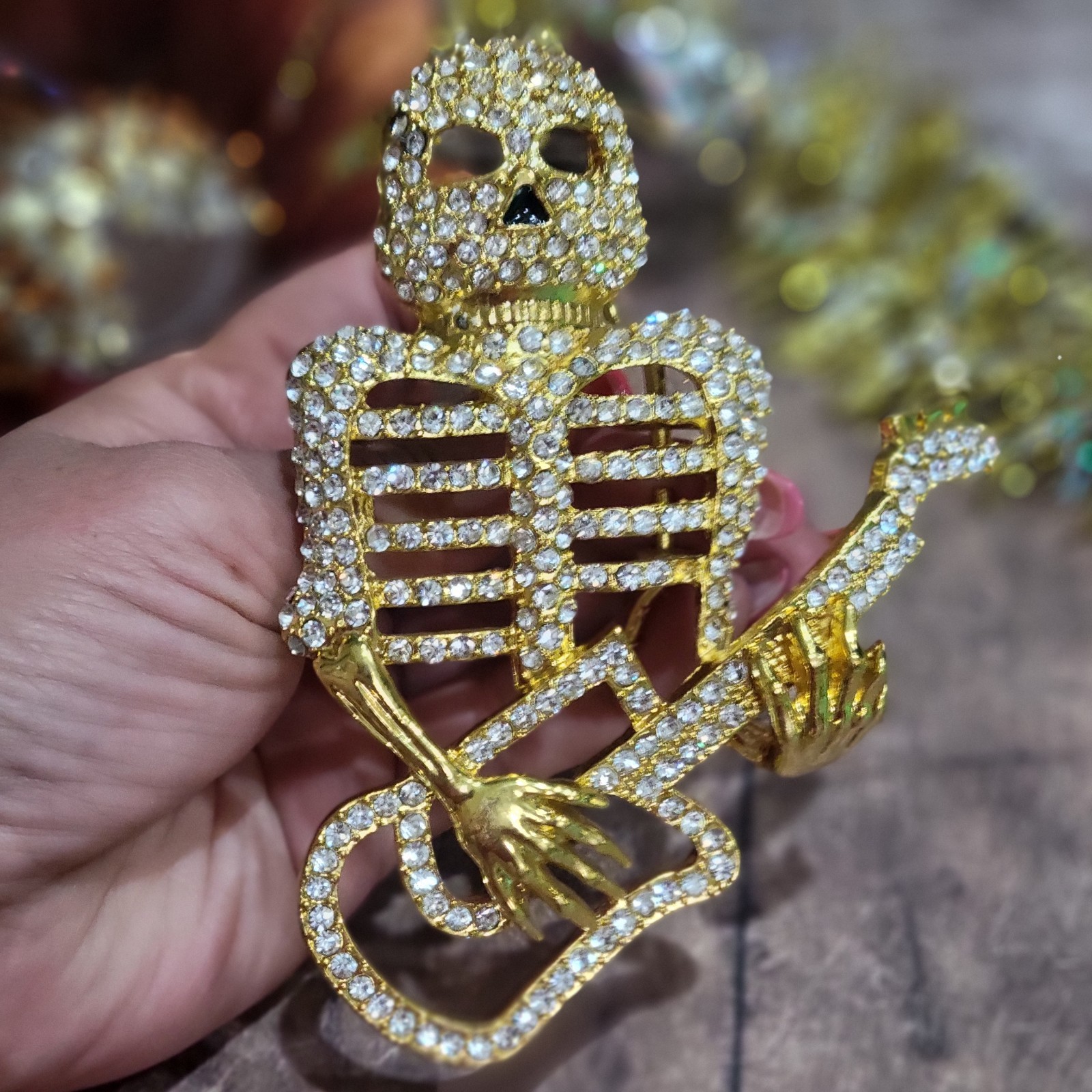 Skeleton Playing Guitar Belt Buckle Rhinestone Studded Gold Tone 4.5x 3.5 inches