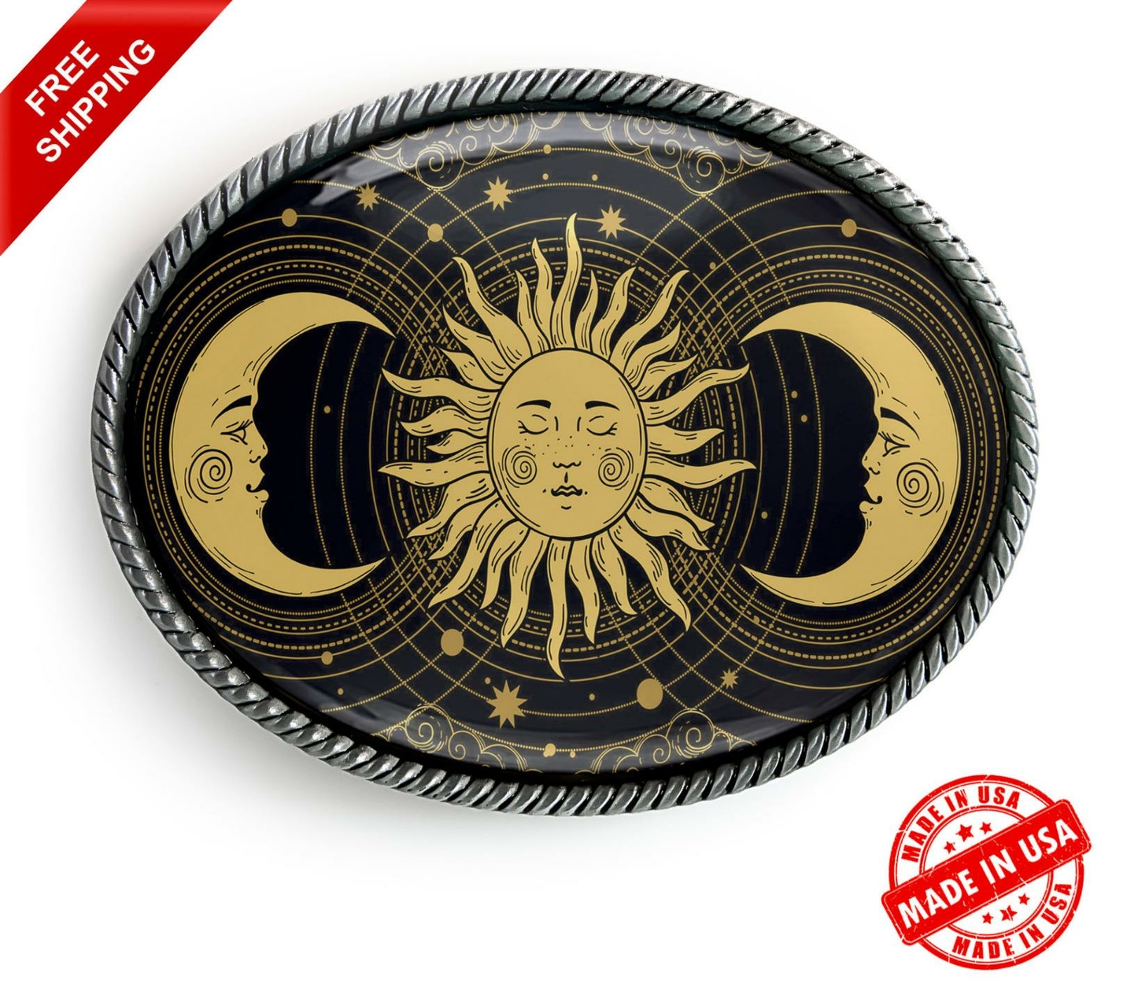 Esoteric Belt Buckle – Celestial Tarot Astrology Sun Handmade Buckle – 746