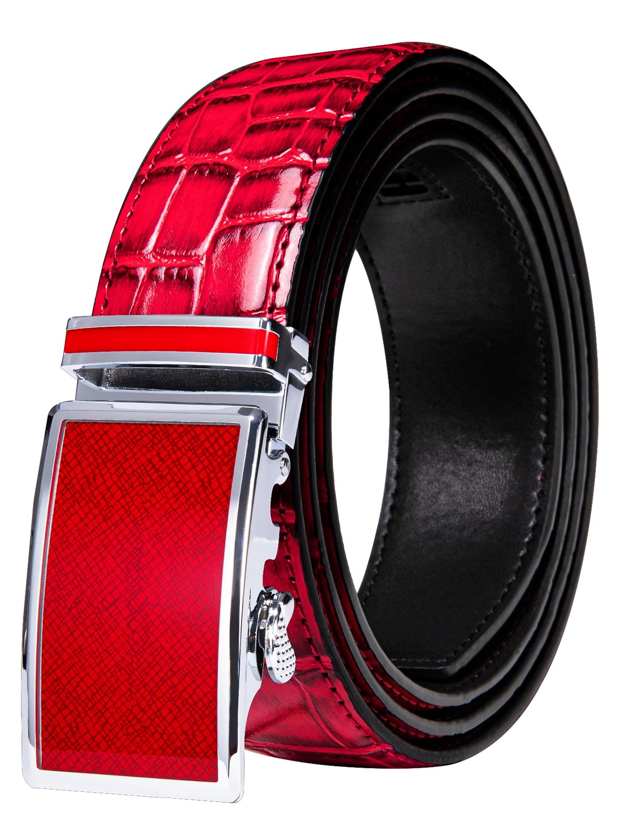 Barry.Wang Mens Belt Leather Ratchet belt size 43&Prime; (110cm), Red