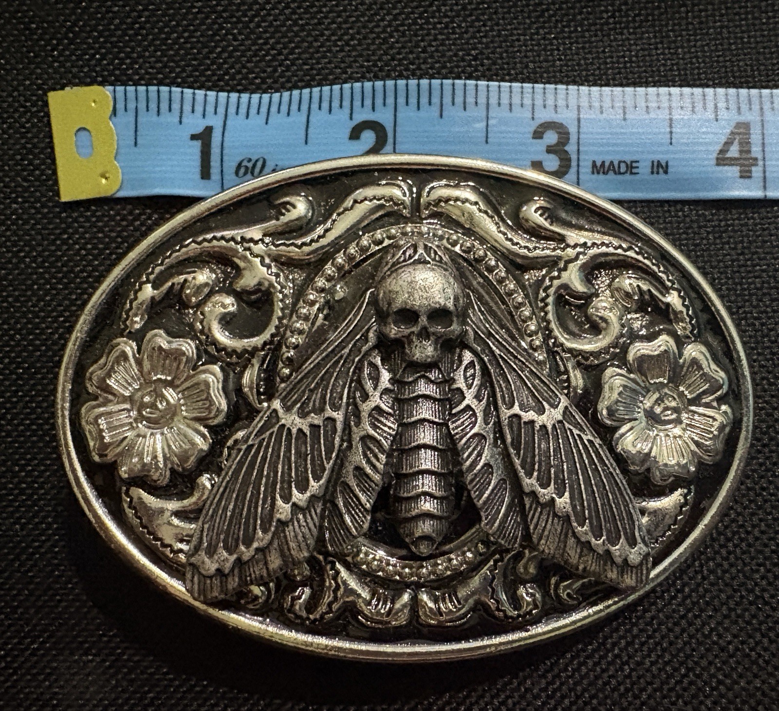 Western Skull Floral Engraved Silver Metal Oval Belt Buckle Fits 1.5in Belt