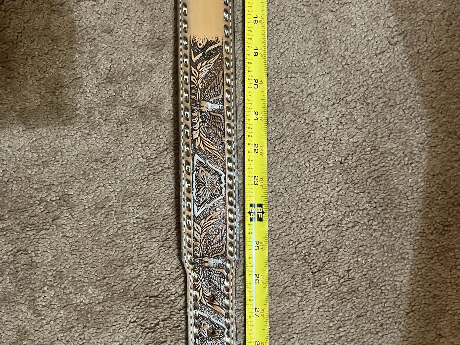 Handmade Patriotic Western Belt 30-Eagles-Brn/White-Lace-Stitches-Buckle-Leather