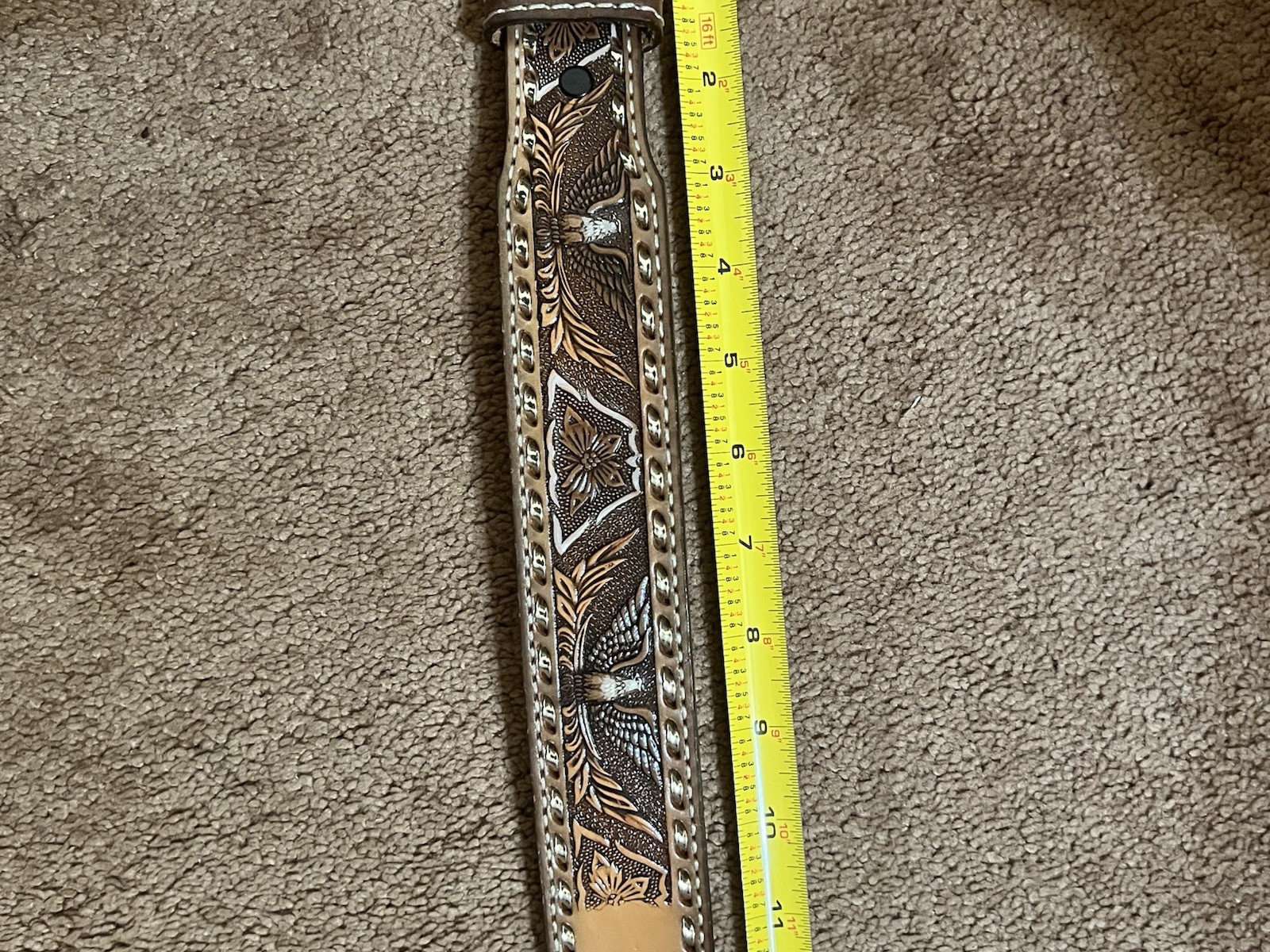 Handmade Patriotic Western Belt 30-Eagles-Brn/White-Lace-Stitches-Buckle-Leather
