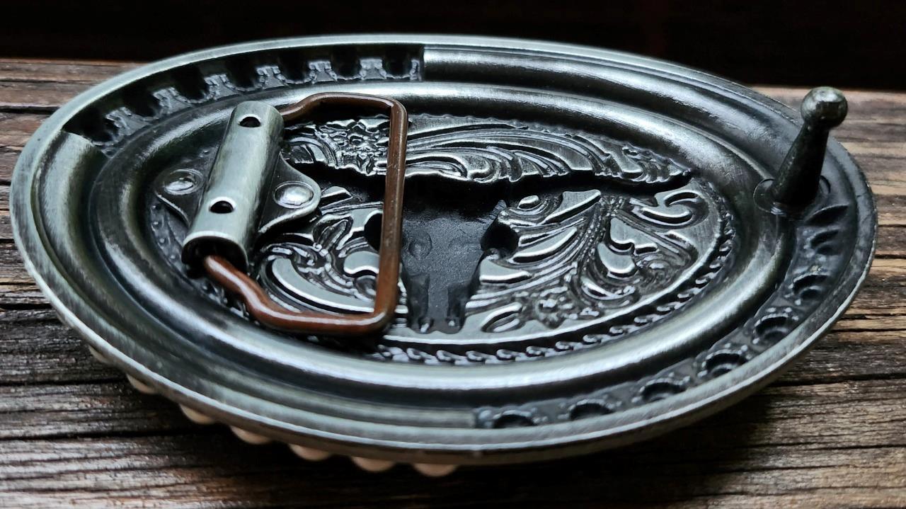 BULL HEAD SKULL INDIAN SW COWBOY RODEO MULTICOLOR SILVER BELT BUCKLE