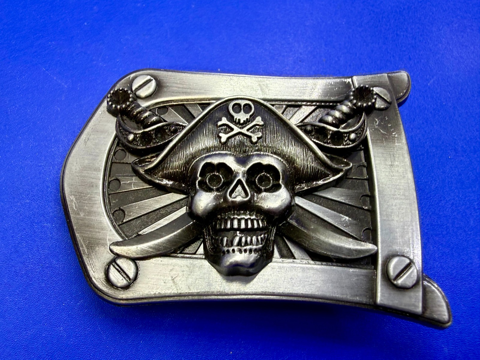 Pirate Skull Crossbones with Crossed Swords 3D Raised Silver Tone Belt Buckle