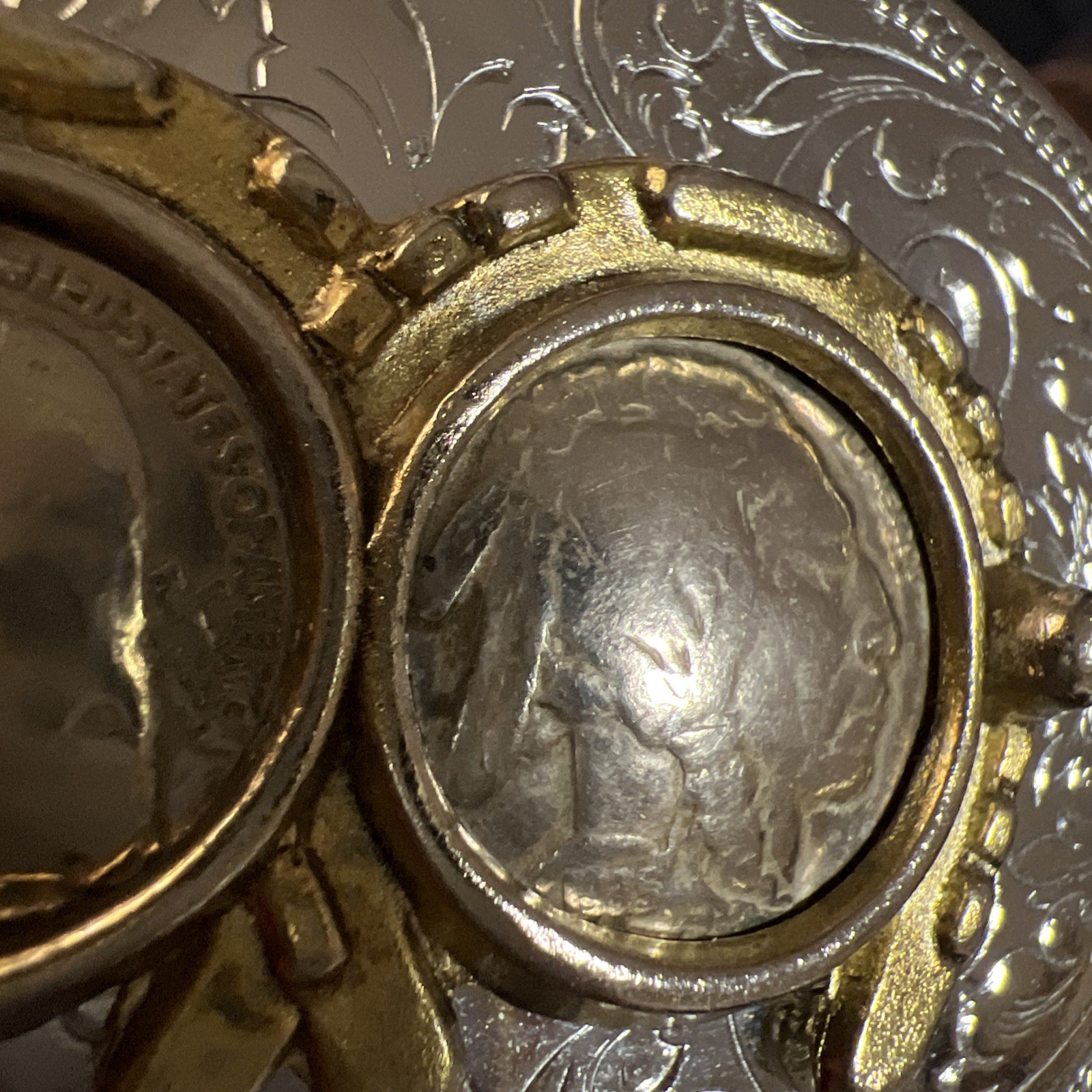 Buffalo Nickel Native American Head Belt Buckle Horse Shoes Silver, Gold Color