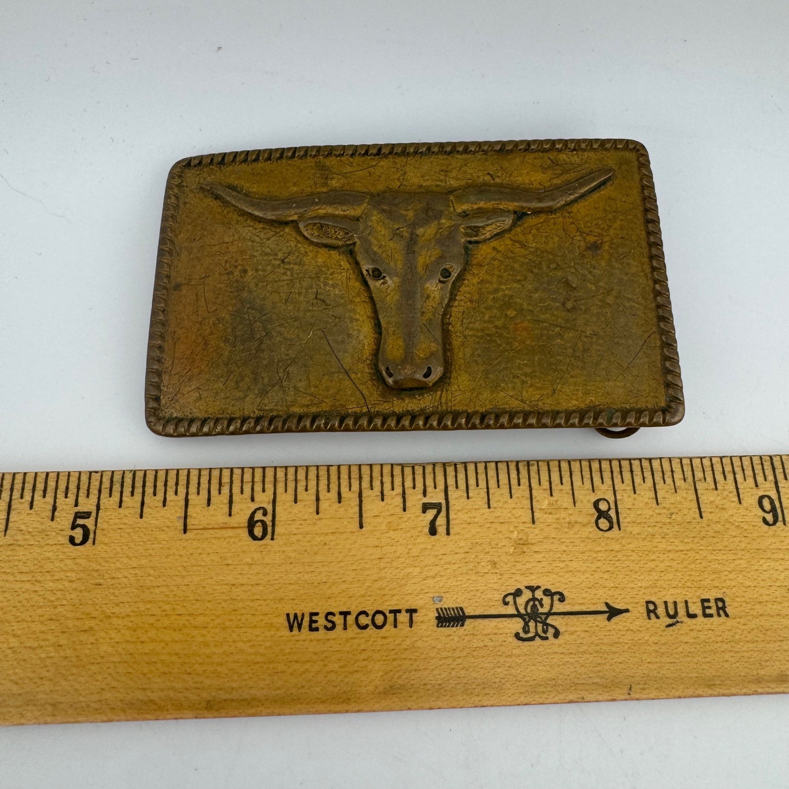 Vintage Megan Belt Buckle Brass/Gold Tone Western Longhorn Steer Rope Edge