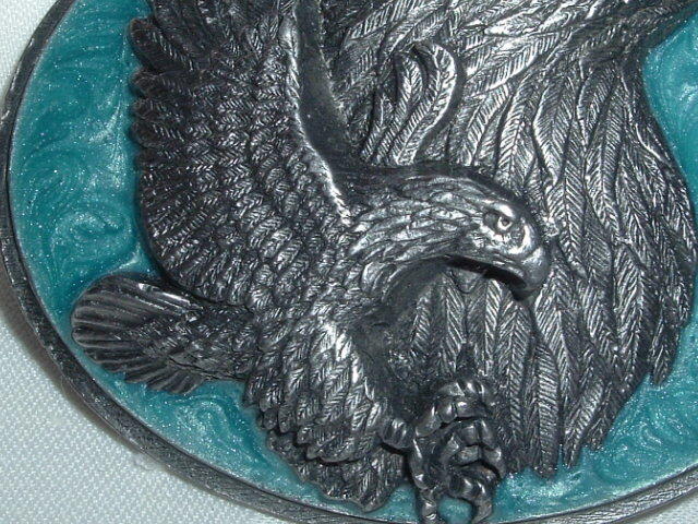 VINTAGE SISKIYOU BUCKLE CO. AMERICAN BALD EAGLE PEWTER ENAMEL BELT BUCKLE