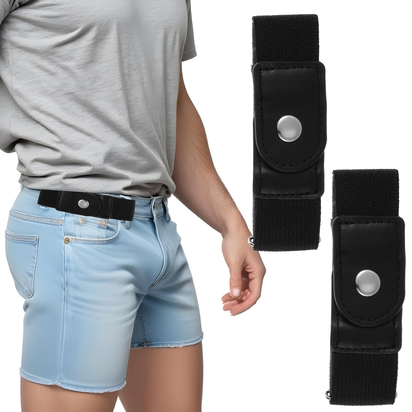 Ptwola 2 Pcs Men Side Belts No Buckle Elastic Belt Without One Size, Black