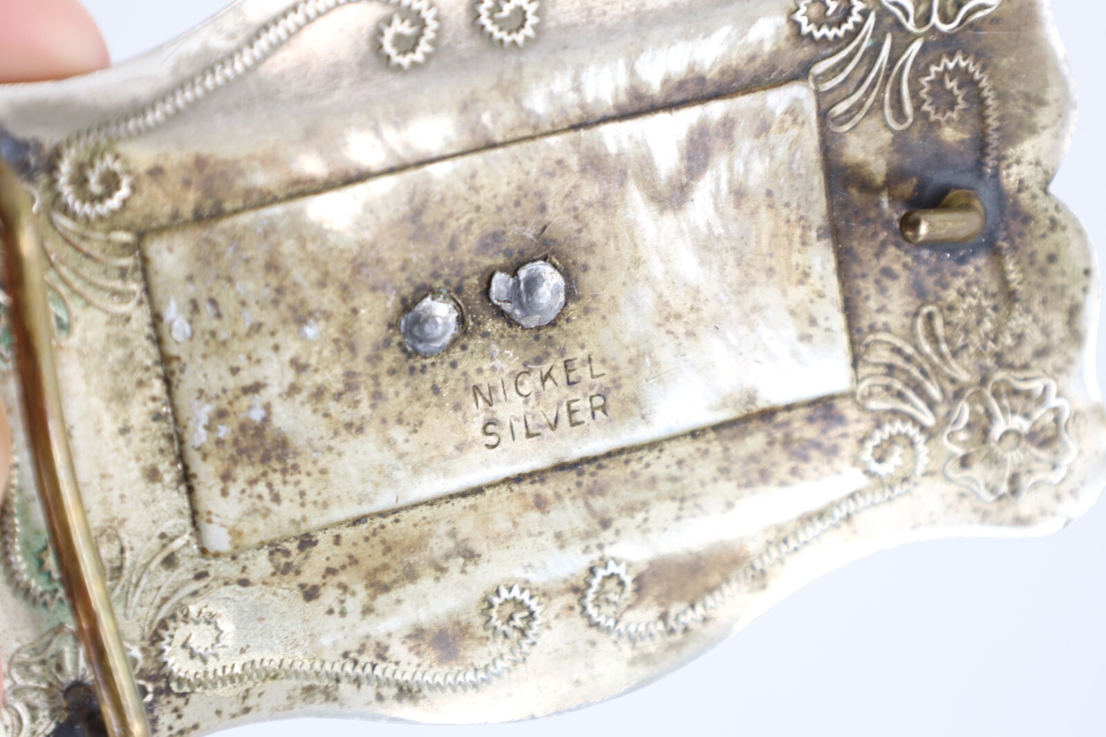 Vintage 70s Rockabilly Silver Nickel Flower Bucking Horse Bronco Belt Buckle