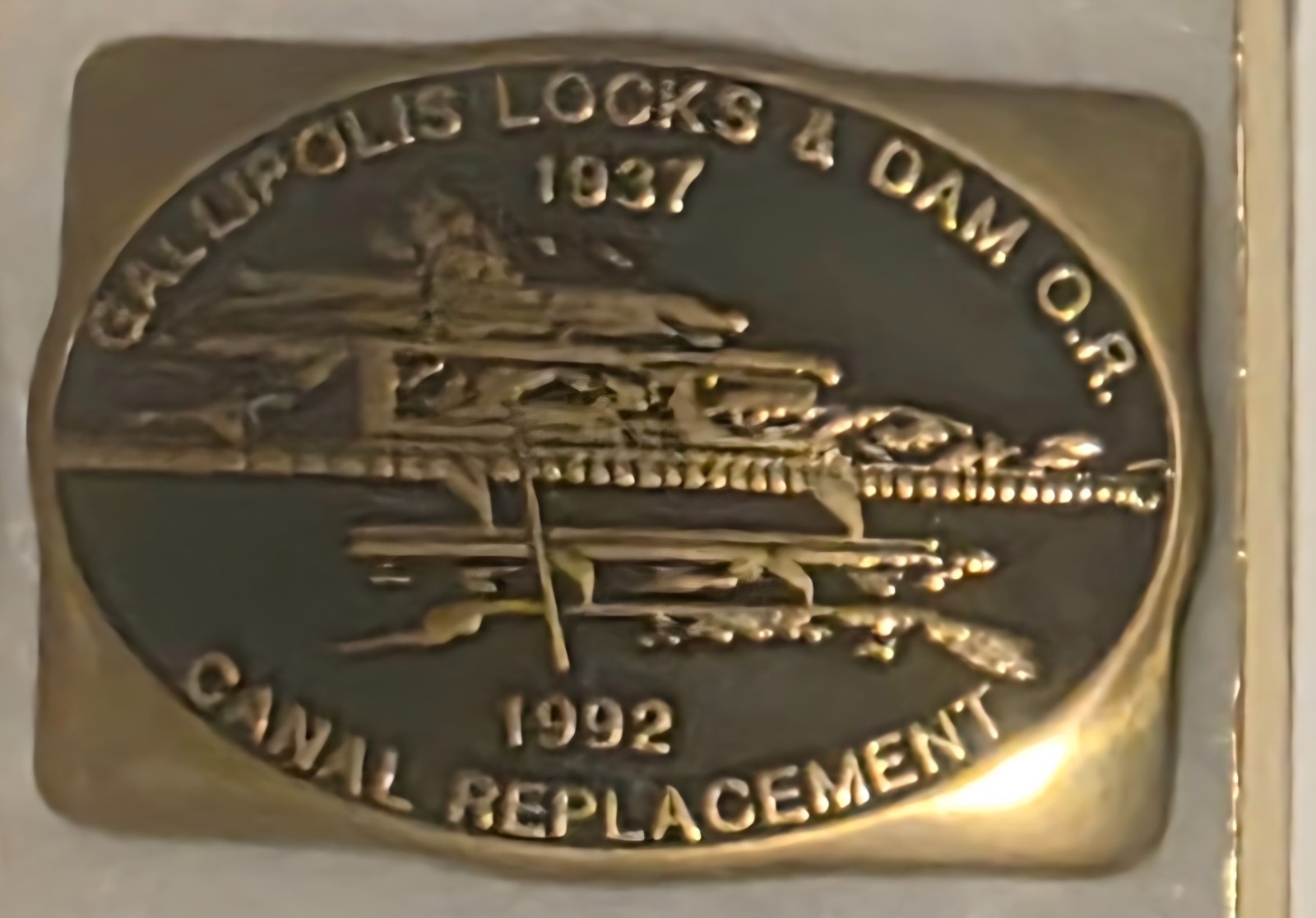 Vintage 1992 Metal Belt Buckle, Solid Brass, Gallipolis Locks & Dam, Canal