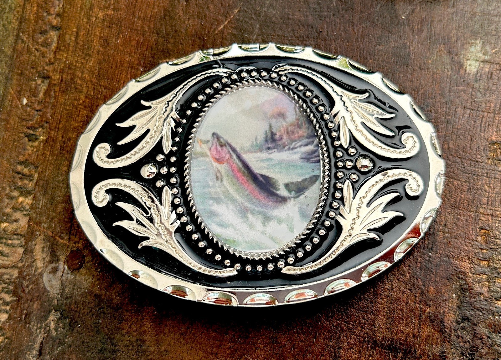 Vintage Silver Fish Belt Buckle Fisherman Gift Western Style Resin Snap On